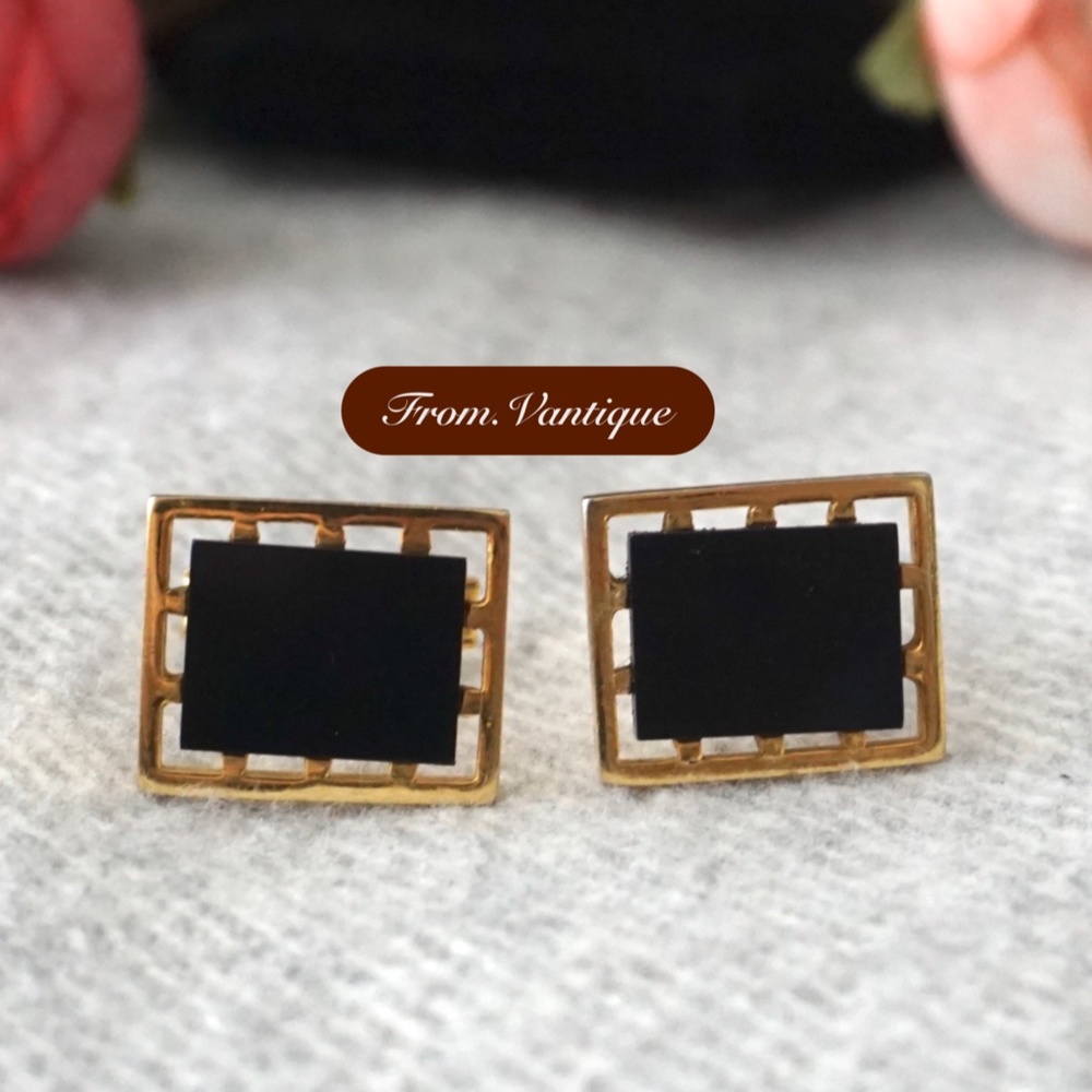 👔 VINTAGE Men Suit Solid Black Rectangle Gold Cufflinks 🔗